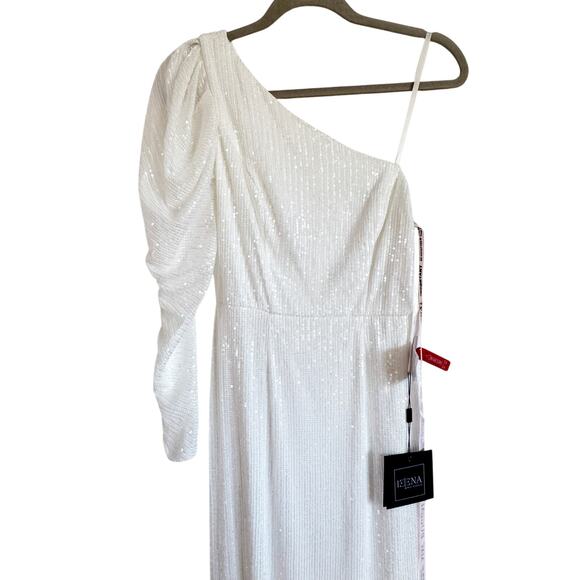 NWT IEENA FOR MAC DUGGAL WHITE SEQUINED ONE SHOULDER TRUMPET GOWN 2 - Picture 6 of 10